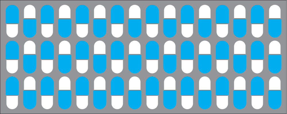 A grid of blue and white capsule pills on a gray background.