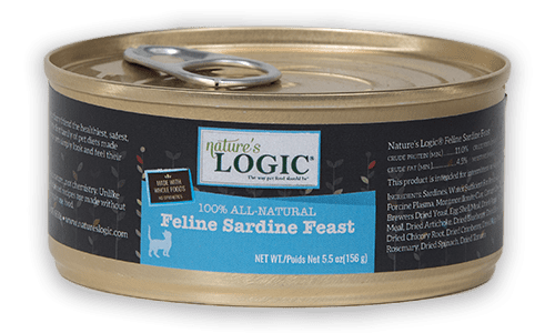 feline-sardine Can of Nature's Logic Feline Sardine Feast cat food with a pull-tab lid.