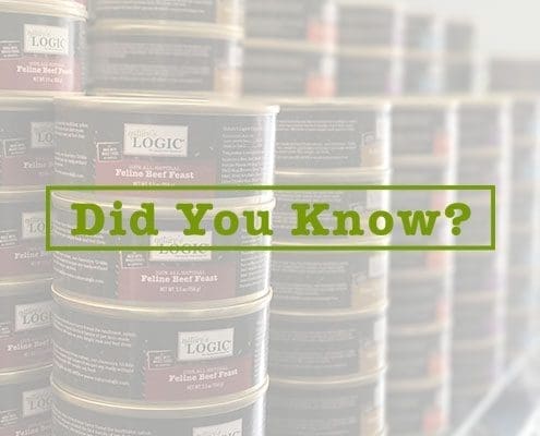 Stacks of Logic brand pet food cans on store shelves with a green “Did You Know?” banner across the center.