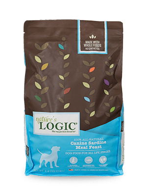 sardine A blue and brown bag of Nature's Logic 100% All Natural Canine Sardine Meal Feast dry dog food.