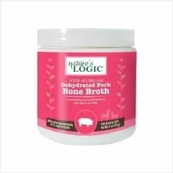 Pink-labeled jar of Nature's Logic Dehydrated Pork Bone Broth for dogs and cats.