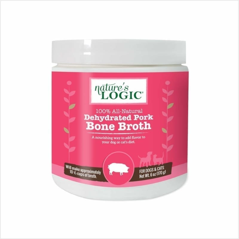 Pink-labeled jar of Nature's Logic Dehydrated Pork Bone Broth for dogs and cats.