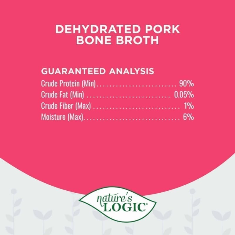 Label for Nature’s Logic Dehydrated Pork Bone Broth on a pink background showing guaranteed analysis: Protein 90%, Fat 0.05%, Fiber 1%, Moisture 6%.