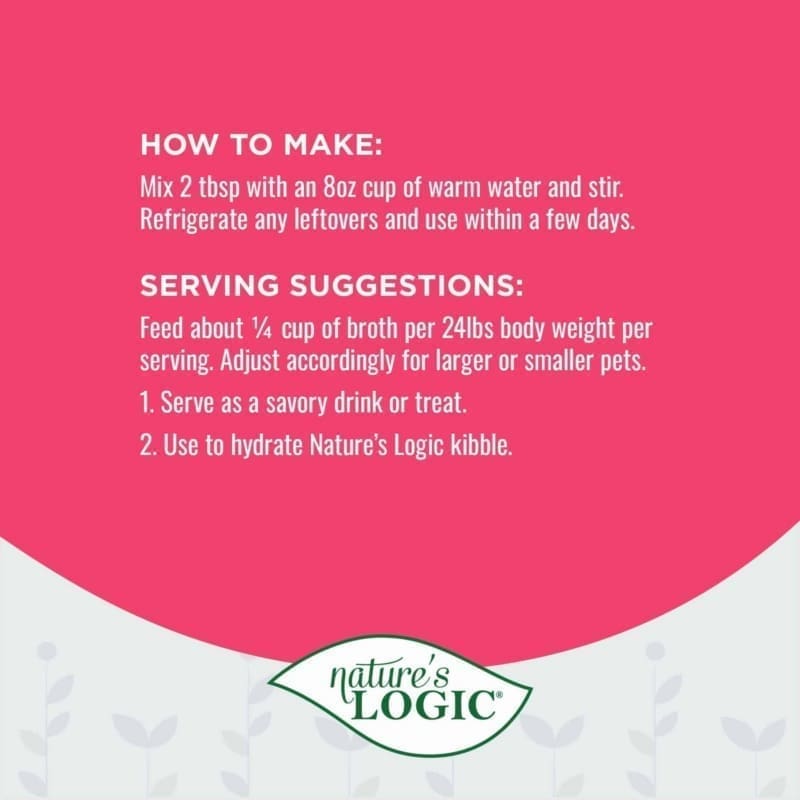 Pink instructional card with white text showing how to make and serve Nature’s Logic broth, with the Nature’s Logic logo at the bottom.