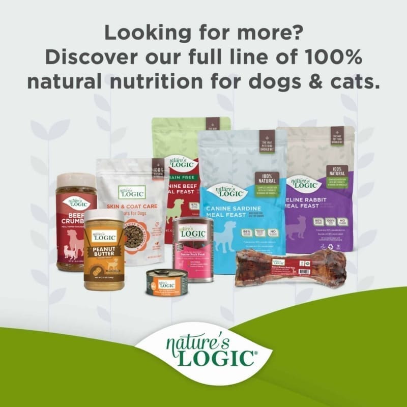 Assorted Nature's Logic natural dog and cat foods in bags, cans, and jars displayed with the Nature's Logic logo.
