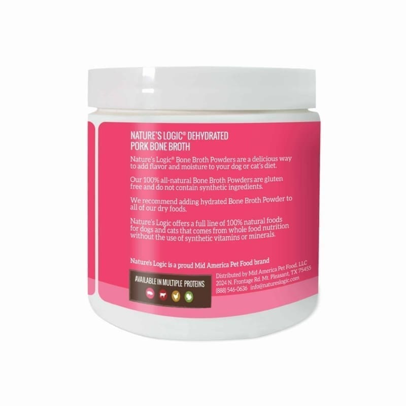 White plastic jar with a pink label advertising Nature's Logic Dehydrated Pork Bone Broth for dogs and cats.