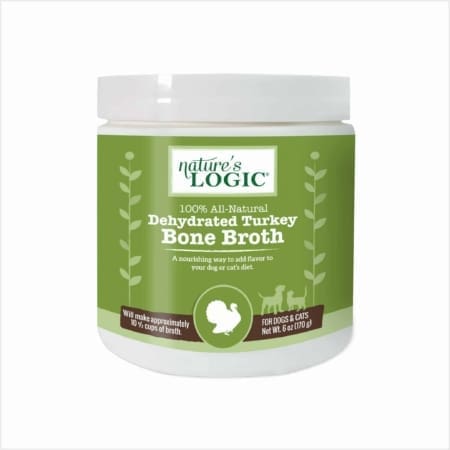 Nature's Logic 100% All-Natural Dehydrated Turkey Bone Broth jar for dogs and cats.