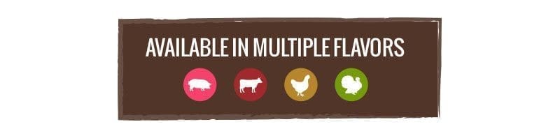 multiple-flavors AVAILABLE IN MULTIPLE FLAVORS text above icons of a pig, cow, chicken, and turkey on brown background.