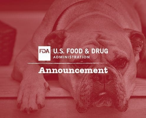 Red-tinted photo of a bulldog lying down with an FDA Announcement banner.