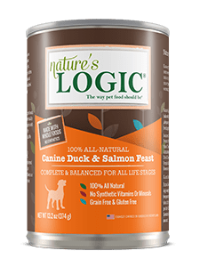 duckcansmall Nature's Logic Canine Duck & Salmon Feast dog food can.