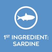 2b_PURE_A+_SARDINE_1st_Ingredient_220x220x2 Blue background with a white circular fish logo and the text "1st INGREDIENT: SARDINE."