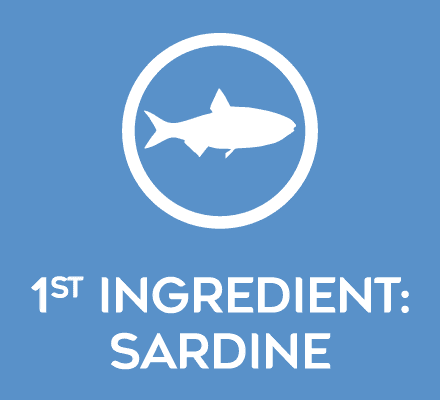 2b_PURE_A+_SARDINE_1st_Ingredient_220x220x2 Blue background with a white circular fish logo and the text "1st INGREDIENT: SARDINE."