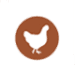 Brown circular badge with a white chicken silhouette on a green background.