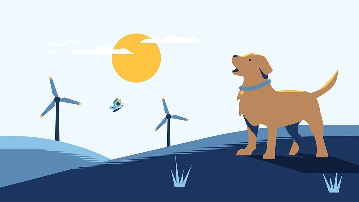 blogpost-03 A brown dog with a blue collar stands on a blue hill as wind turbines and a bright yellow sun fill the sky.