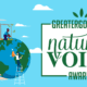 Blue banner featuring people around a globe with wind turbines and trees, beside the GreaterGood.org Nature's Voice Awards logo.