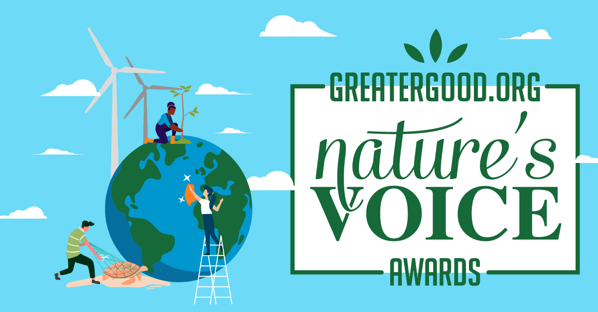 NVA Blue banner featuring people around a globe with wind turbines and trees, beside the GreaterGood.org Nature's Voice Awards logo.