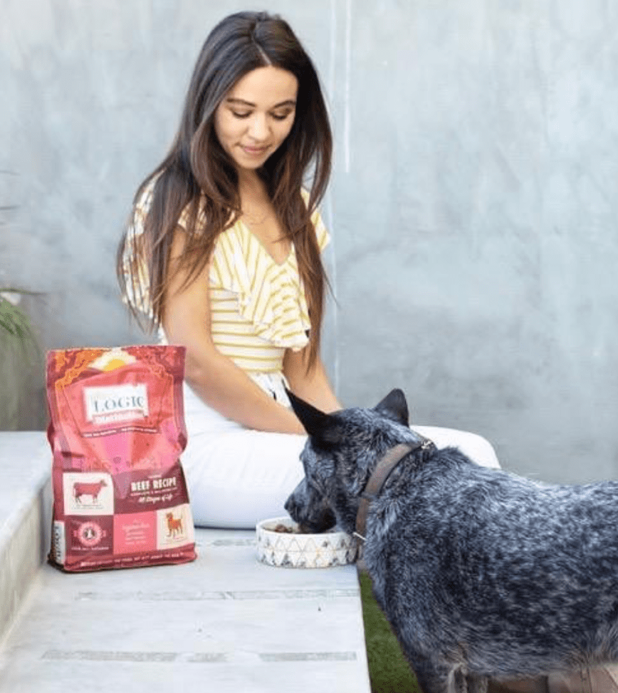 pet-nutri A woman in a striped yellow top sits beside a blue-speckled dog on a concrete surface near a bag of dog food.