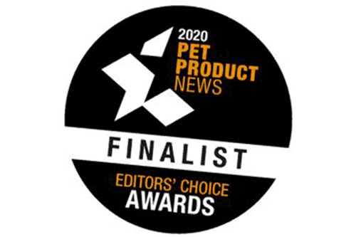 ppnfinalist2020 Circular black badge featuring white geometric shapes and orange text reading '2020 Pet Product News Finalist Editors' Choice Awards'.