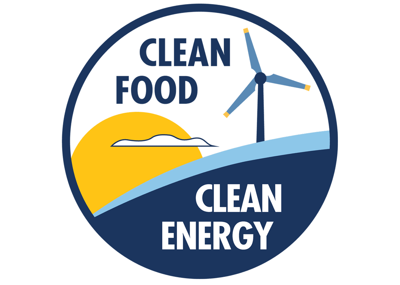 CleanfoodCleanEnergy Circular emblem showing a wind turbine over a sunlit coastline with the words CLEAN FOOD and CLEAN ENERGY.