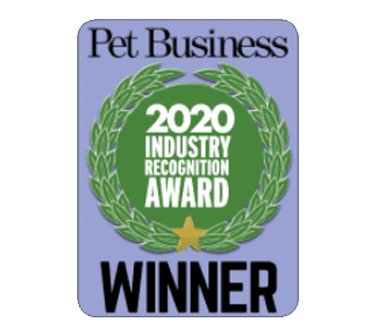 pbwinner Pet Business 2020 Industry Recognition Award winner badge with a green laurel wreath and a gold star.