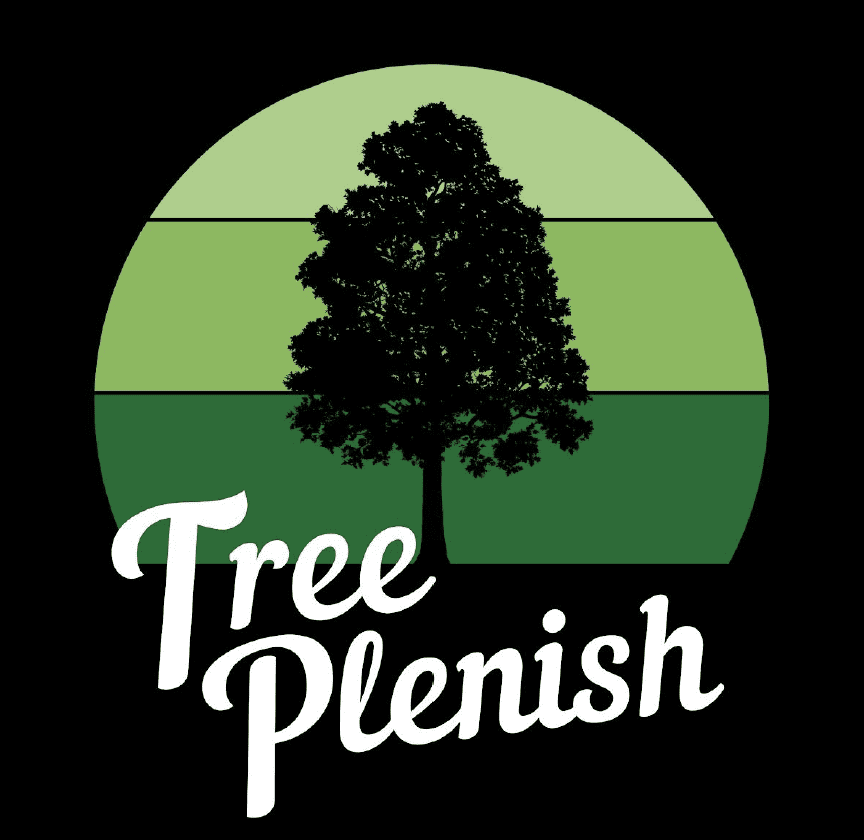 treeplenish Silhouette of a tree in front of a green circular horizon with the white cursive text "Tree Plenish".