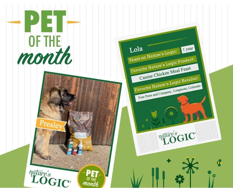Colorful "Pet of the Month" promotional graphic featuring Presley the dog with Nature's Logic dog food bags and Lola's profile card listing her years and favorite product.
