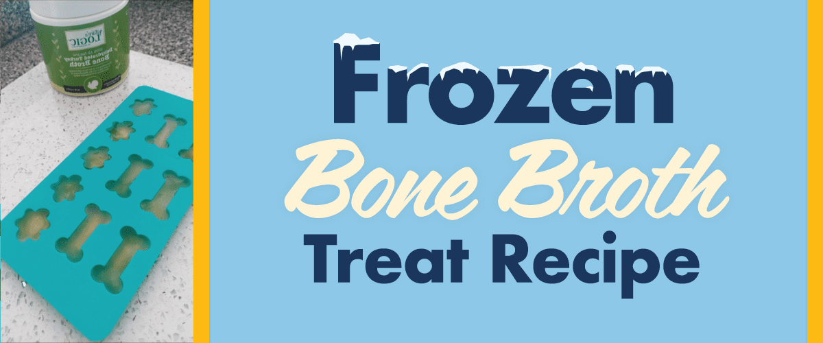 Bone_Broth_Treat_3 A graphic featuring the words Frozen Bone Broth Treat Recipe on a blue panel with a teal bone-shaped silicone mold and a cup on the left.
