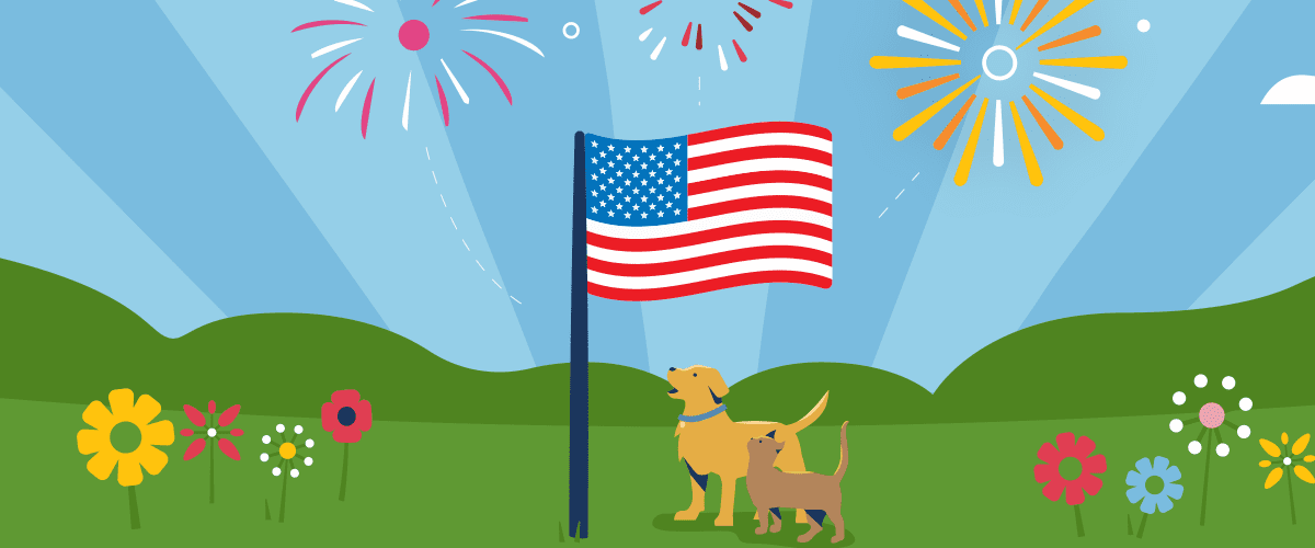 fourth-header Two dogs stand near an American flag in a green field with colorful flowers and fireworks in the sky.