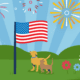 An American flag on a flagpole stands in a sunny grassy landscape with green hills, a deer, a pink animal, flowers, and a bright sun in the sky.