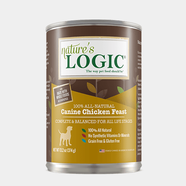 Can of Nature’s Logic Chicken Dinner dog food; all-natural, grain-free, for all life stages.