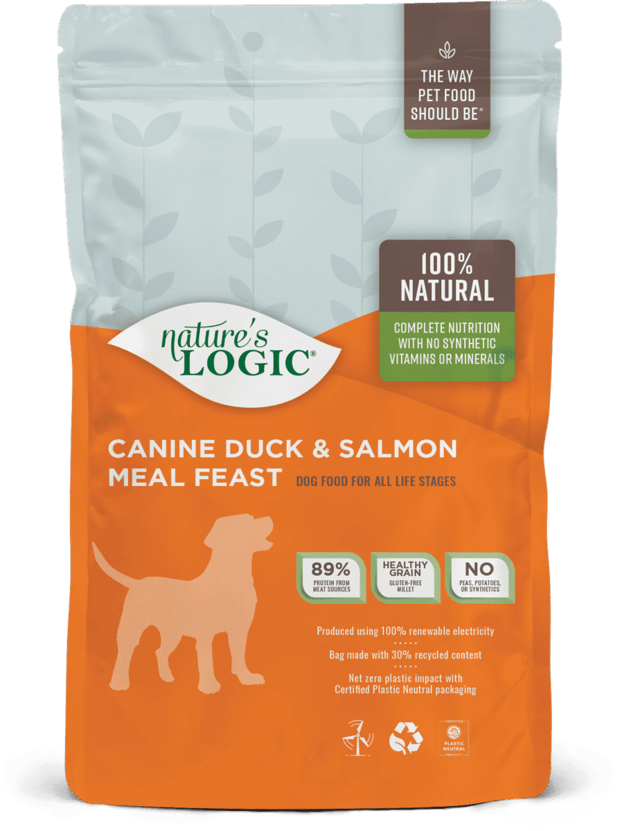 Nature's Logic Canine Duck & Salmon Meal Feast bag. Nature's Logic Canine Duck & Salmon Meal Feast dry dog food kibble.