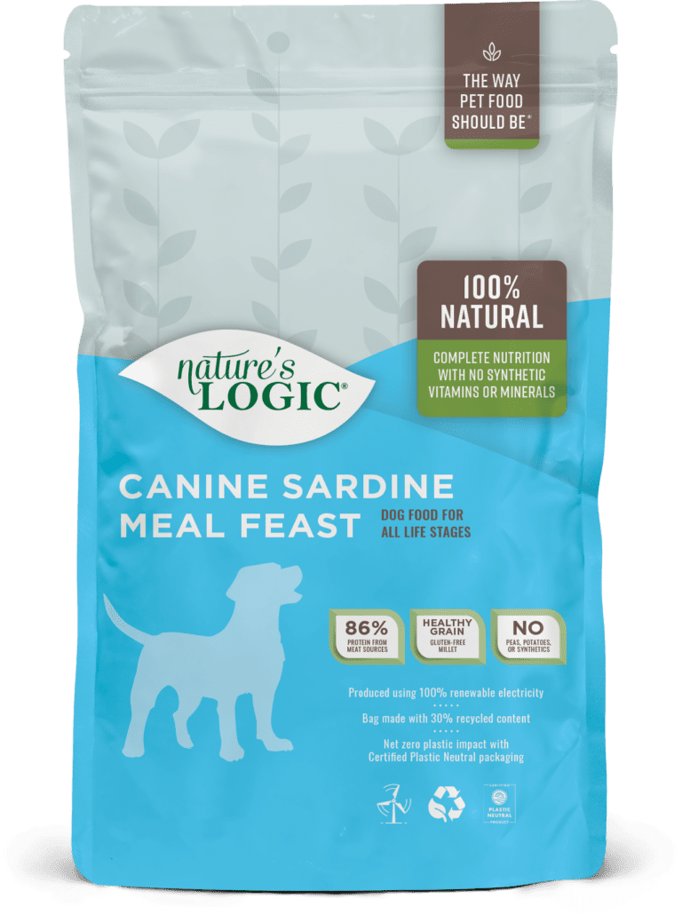 Nature's Logic Canine Sardine Meal Feast bag Nature's Logic Canine Sardine Meal Feast dry dog food kibble.