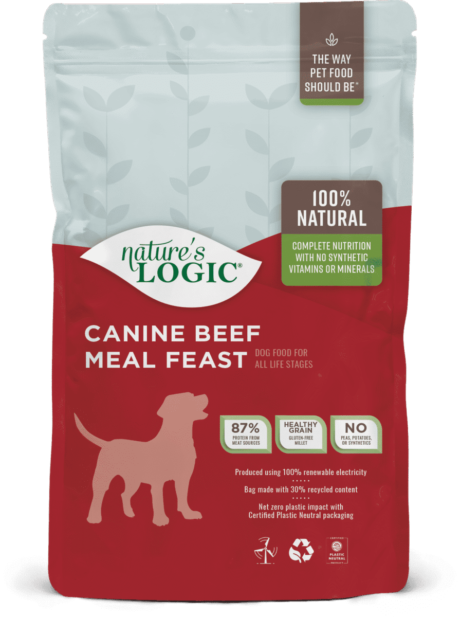 Nature's Logic Canine Beef Meal Feast dry dog food kibble. A Nature's Logic Canine Beef Meal Feast bag, highlighting 100% natural, 87% animal protein, and no synthetics.