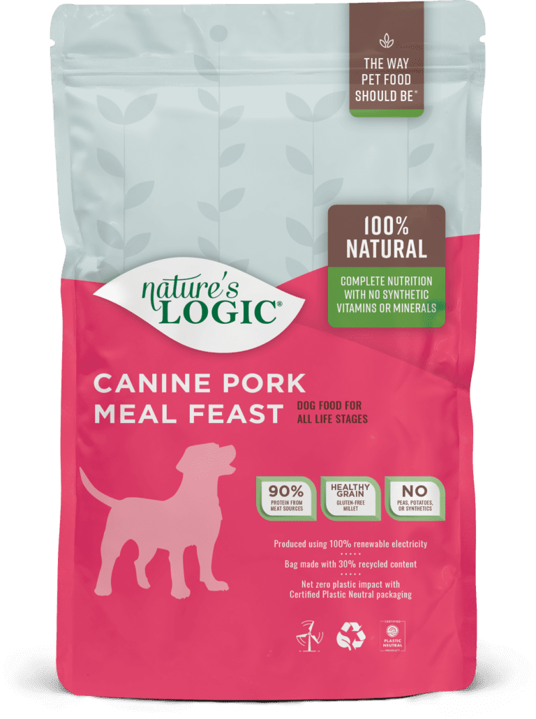 Nature's Logic Canine Pork Meal Feast bag Nature's Logic Canine Pork Meal Feast bag of dry dog food kibble.