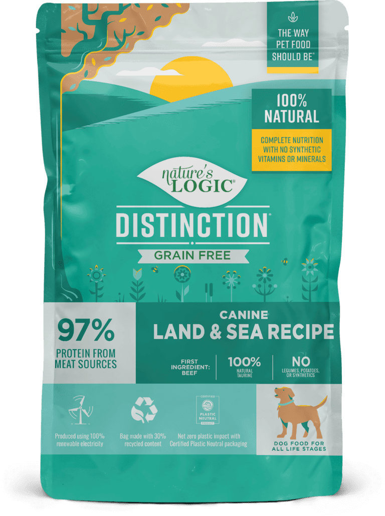 NL Distinction GF L&S Frt 4.4lb 2023 DK Nature's Logic Distinction Grain Free Land and Sea Recipe bag.