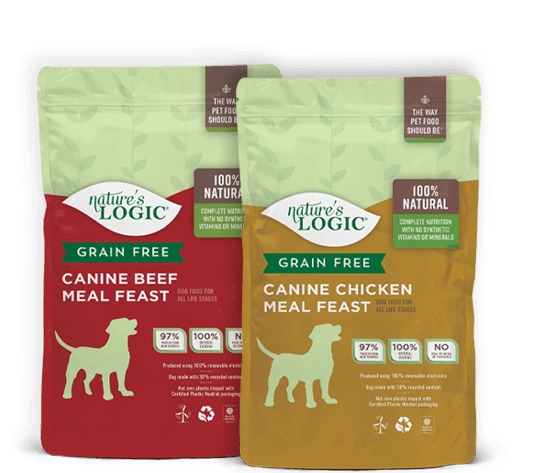 grainfree A red bag of Grain Free Canine Beef Meal Feast and yellow bag of Grain Free Chicken Meal Feast.