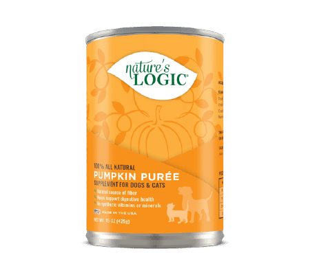 Nature’s Logic Pumpkin Purée can; orange label promotes digestion for pets, 15 oz.