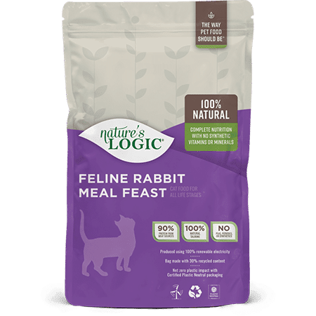 Nature's Logic Feline Rabbit Meal Feast bag of dry dog food kibble.