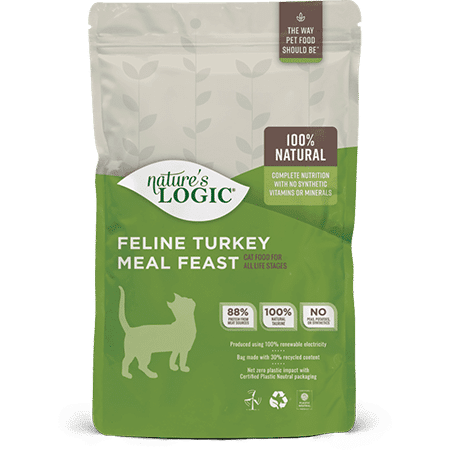 Feline Turkey Feast package with cat silhouette; green/white, grain-free, omega-rich.