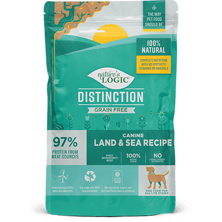 A teal bag of Nature's Logic Distinction Grain Free Canine Land & Sea Recipe dog food.