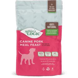 Nature's Logic Canine Pork Meal Feast bag of dry dog food kibble.
