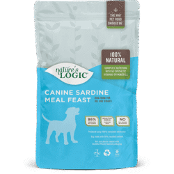 Blue food packaging bag with a white top label and a yellow circular emblem.