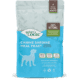Blue food packaging bag with a white top label and a yellow circular emblem.