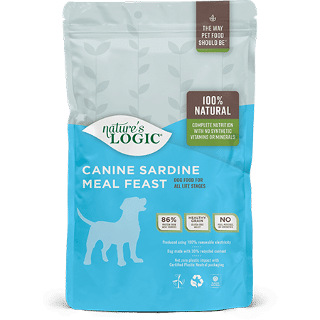 Blue food packaging bag with a white top label and a yellow circular emblem.