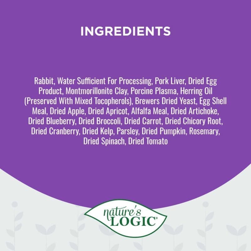 A purple circular card with a white text box labeled INGREDIENTS and a small 100% badge at the bottom.
