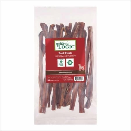 Package of Nature's Logic beef pizzles in a clear bag. Nature's Logic Beef Pizzle, 100% Natural Dog Chew.
