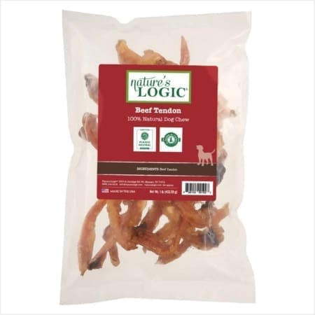 Nature's Logic beef tendons: 100% natural dog chews with premium ingredients and quality certification logos.