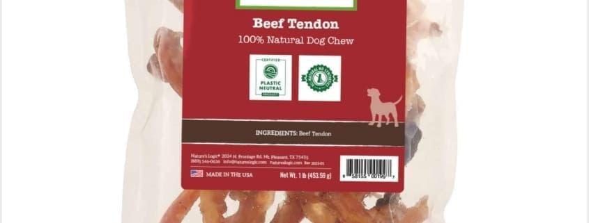 BeefTendon_Front A bag of Nature's Logic beef tendons, 100% natural dog chews with premium ingredients and quality certification logos.