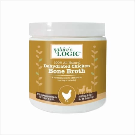 White container of dehydrated chicken bone broth for dogs and cats.