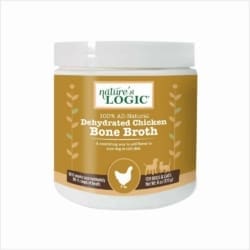 White container of dehydrated chicken bone broth for dogs and cats.